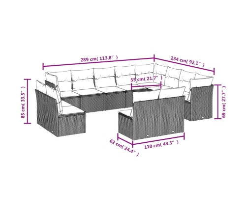 Set de sofás de jardín 12 pzas y cojines ratán sintético marrón