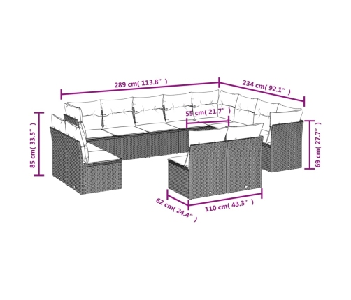 Set de sofás de jardín 12 pzas y cojines ratán sintético marrón
