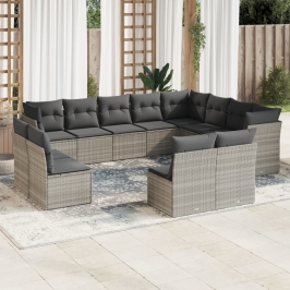 Set de sofás de jardín 12 pzas y cojines ratán sintético gris