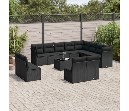 Set de sofás de jardín y cojines 13 pzas ratán sintético negro