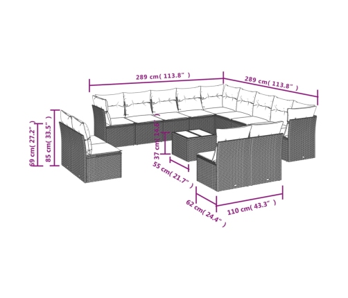 Set sofás de jardín 14 pzas con cojines ratán sintético beige