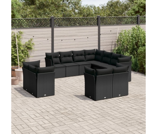 Set de sofás de jardín 11 pzas y cojines ratán sintético negro