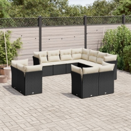 Set de sofás de jardín 11 pzas y cojines ratán sintético negro