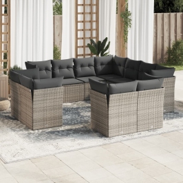 Set de sofás de jardín 11 pzas y cojines ratán sintético gris