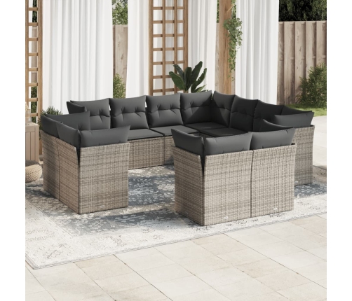 Set de sofás de jardín 11 pzas y cojines ratán sintético gris