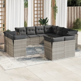 Set de sofás de jardín 11 pzas y cojines ratán sintético gris