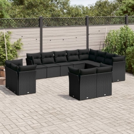 Set de sofás de jardín 12 piezas cojines ratán sintético negro