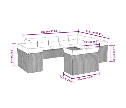 Set de sofás de jardín 12 pzas con cojines ratán sintético gris