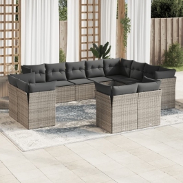 Set de sofás de jardín 12 pzas con cojines ratán sintético gris