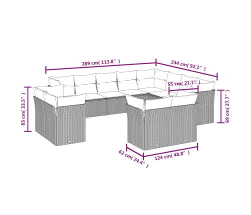 Set de sofás de jardín 12 pzas y cojines ratán sintético gris