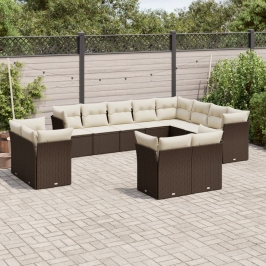 Set de sofás de jardín y cojines 12 pzas ratán sintético marrón