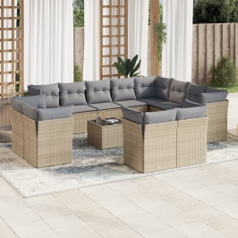 Set sofás de jardín con cojines 13 pzas ratán sintético beige