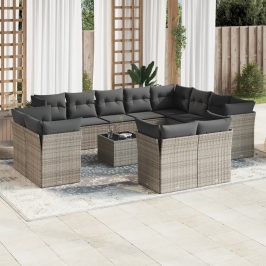 Set sofás de jardín con cojines 13 piezas ratán sintético gris