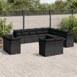 Set de sofás de jardín y cojines 13 pzas ratán sintético negro