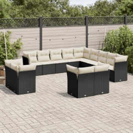 Set de sofás de jardín y cojines 13 pzas ratán sintético negro