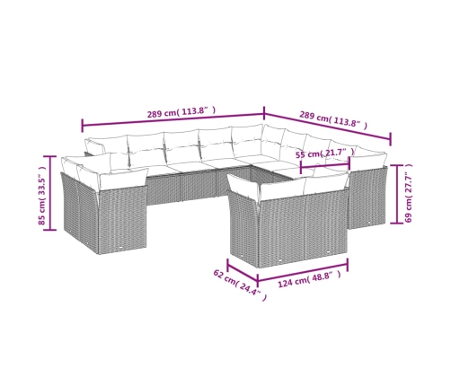 Set sofás de jardín con cojines 13 piezas ratán sintético gris