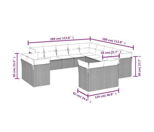 Set sofás de jardín con cojines 13 piezas ratán sintético gris
