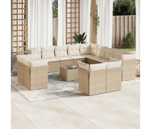 Set sofás de jardín 14 pzas con cojines ratán sintético beige