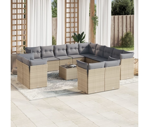 Set sofás de jardín 14 pzas con cojines ratán sintético beige