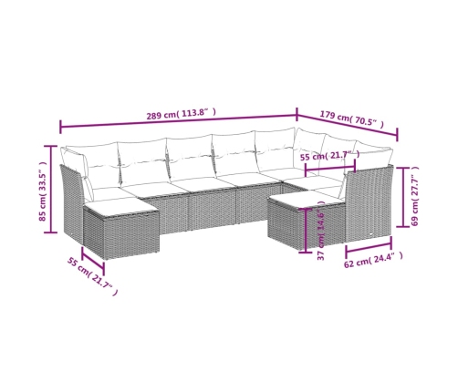Set de sofás de jardín 9 pzas con cojines ratán sintético beige