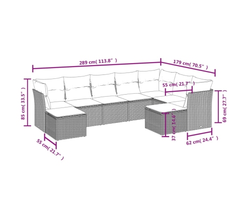 Set de muebles de jardín 9 pzas y cojines ratán sintético gris
