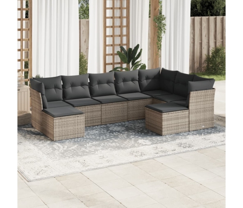 Set de muebles de jardín 9 pzas y cojines ratán sintético gris