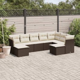 Set de sofás de jardín 9 pzas y cojines ratán sintético marrón