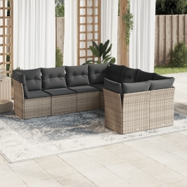 Set de sofás de jardín 8 pzas y cojines ratán sintético gris