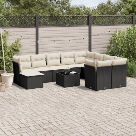 Set de sofás de jardín 11 pzas y cojines ratán sintético negro