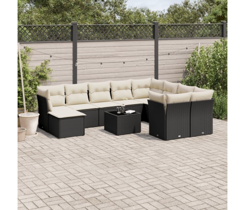 Set de sofás de jardín 11 pzas y cojines ratán sintético negro