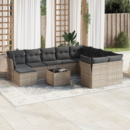 Set de sofás de jardín 11 pzas y cojines ratán sintético gris