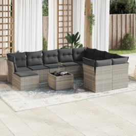 Set de sofás de jardín 11 pzas y cojines ratán sintético gris