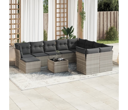 Set de sofás de jardín 11 pzas y cojines ratán sintético gris