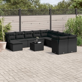 Set de sofás de jardín 12 piezas cojines ratán sintético negro