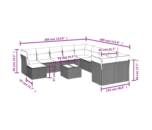 Set de sofás de jardín 12 pzas y cojines ratán sintético gris