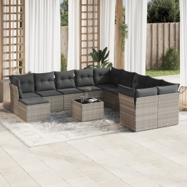 Set de sofás de jardín 12 pzas y cojines ratán sintético gris