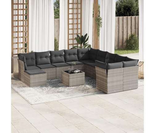 Set de sofás de jardín 12 pzas y cojines ratán sintético gris