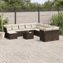 Set de sofás de jardín y cojines 12 pzas ratán sintético marrón