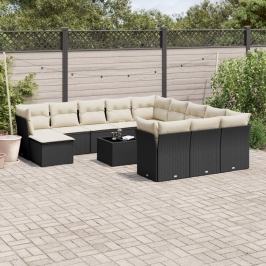 Set de sofás de jardín y cojines 13 pzas ratán sintético negro