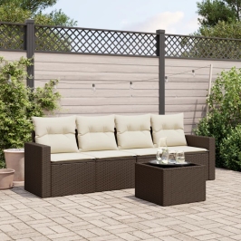Set comedor de jardín 5 piezas y cojines ratán sintético marrón