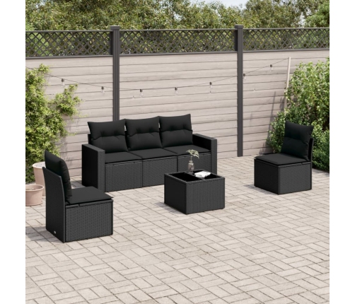 Set de sofás de jardín 6 piezas y cojines ratán sintético negro
