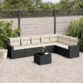 Set de sofás de jardín 8 piezas y cojines ratán sintético negro