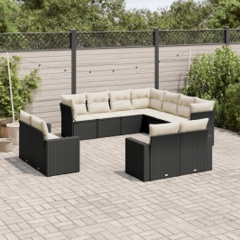 Set de sofás de jardín 11 pzas y cojines ratán sintético negro