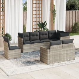 Set de sofás de jardín 8 pzas y cojines ratán sintético gris