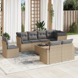 Set de sofás de jardín 9 pzas con cojines ratán sintético beige