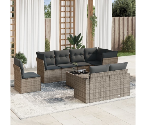 Set de muebles de jardín 9 pzas y cojines ratán sintético gris