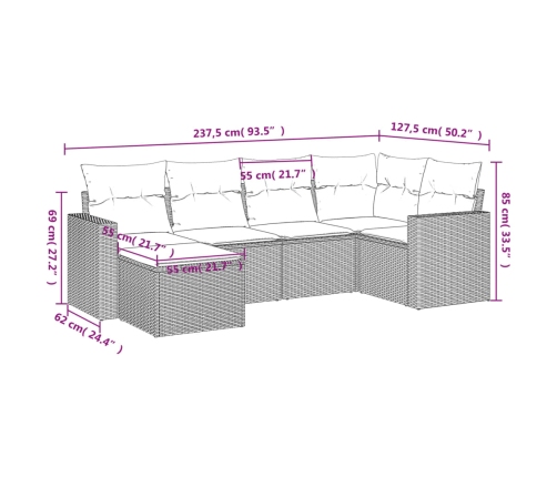 Set de muebles de jardín 6 pzas y cojines ratán sintético gris