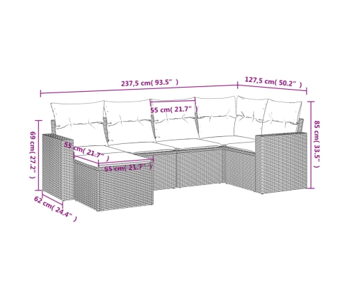 Set sofás de jardín 6 piezas y cojines ratán sintético marrón