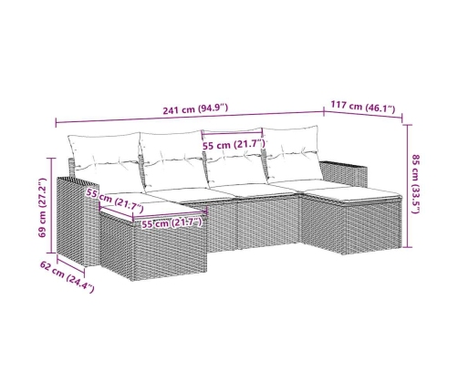 Set sofás de jardín 6 piezas y cojines ratán sintético marrón