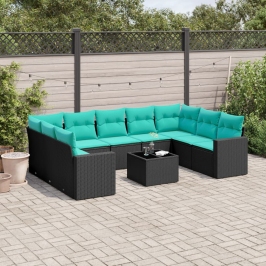 Set de sofás de jardín 10pzas con cojines ratán sintético negro